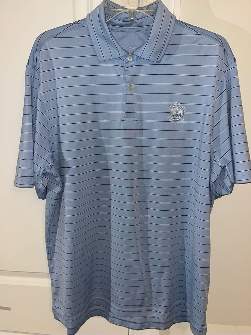 Fairway & Greene Pebble Beach Carolina Blue stripe Golf Polo performance shirt L